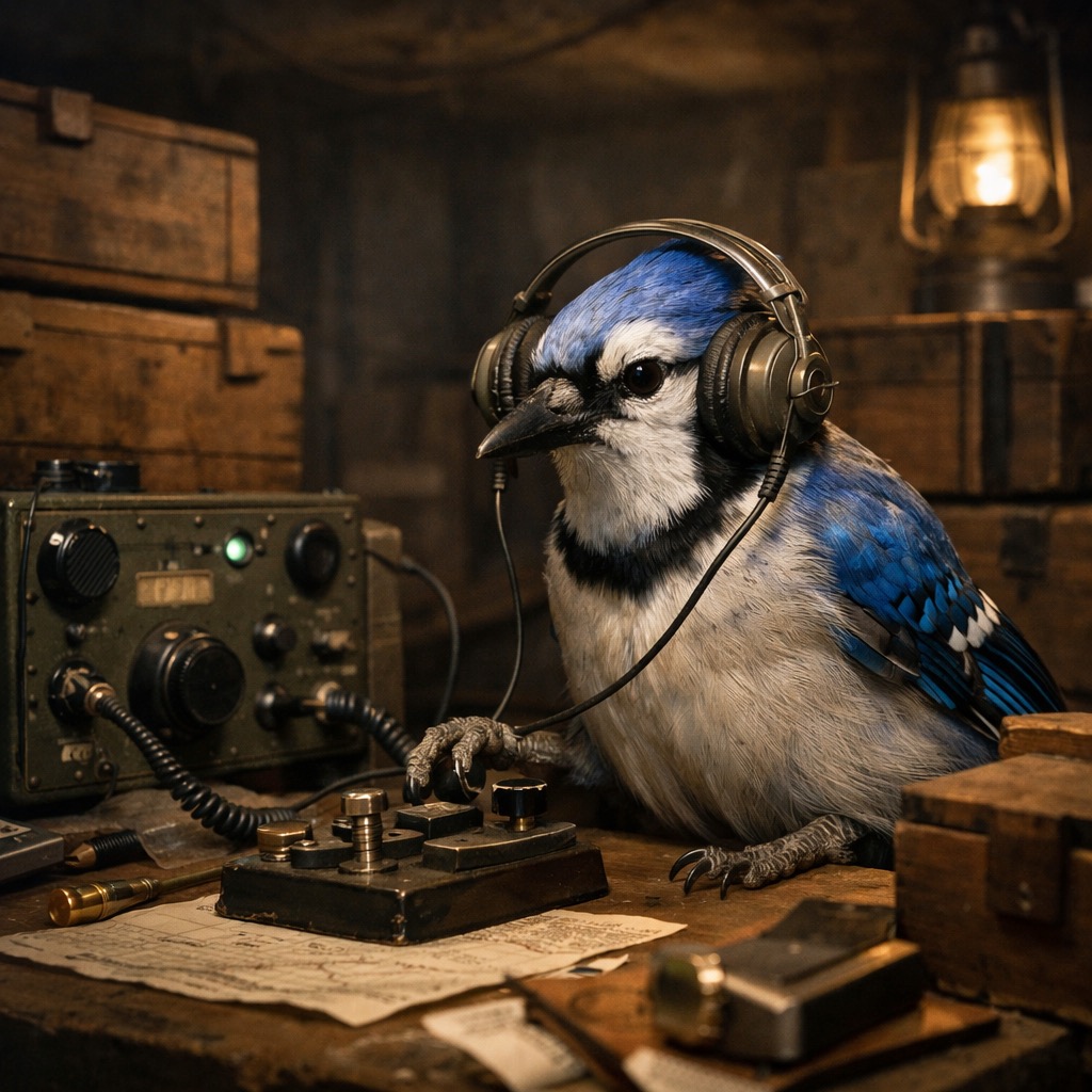 A blue jay sitting at a desk and operating a communications device in a dimly lit bunker.